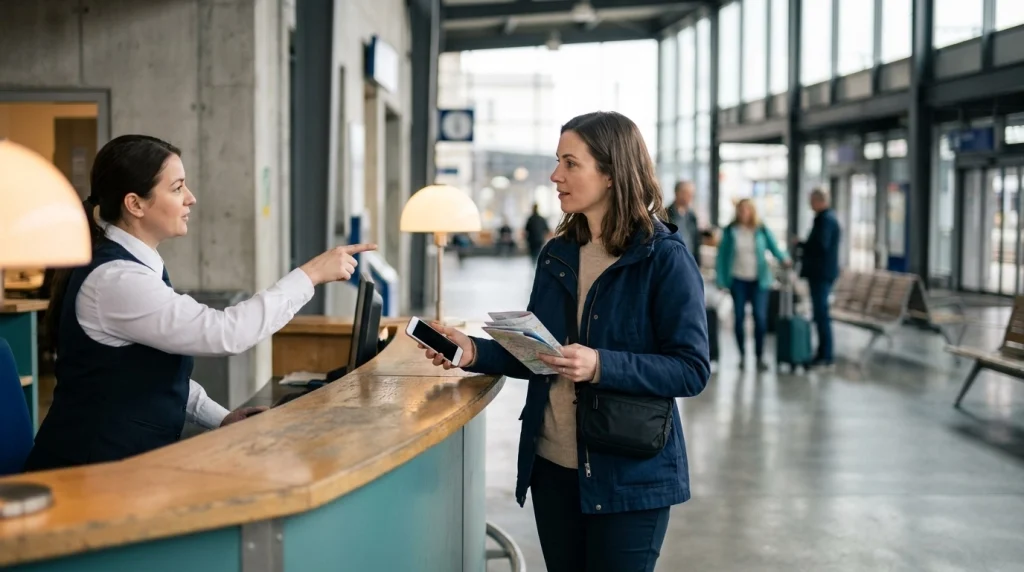 Solo female traveler asking a station employee for help after a public transportation disruption.