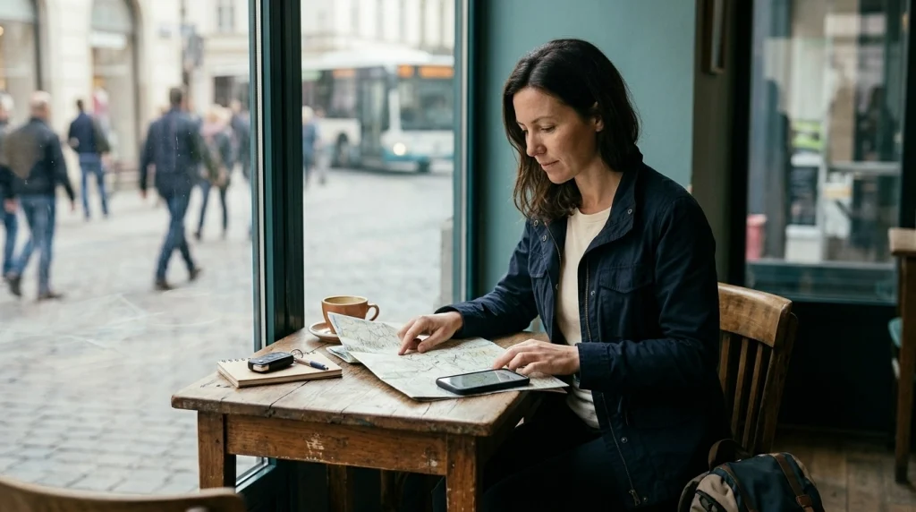 Solo female traveler reviewing a route map and rental-car keys at a city café.