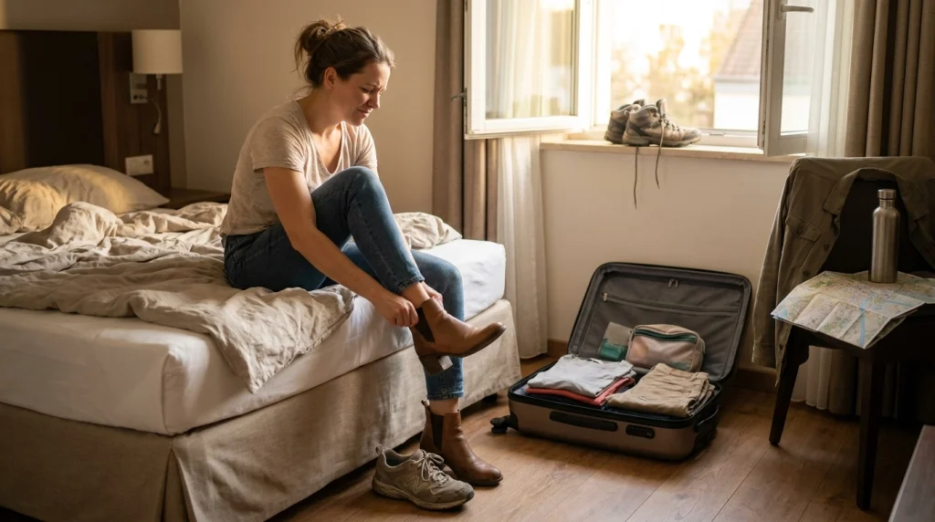 Solo traveler rotating practical walking shoes after a long day instead of overpacking footwear
