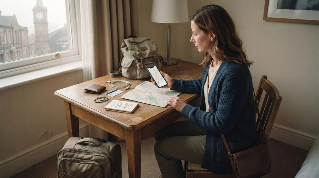 Solo female traveler organizing an offline map, transit card, notebook, and backup travel essentials.