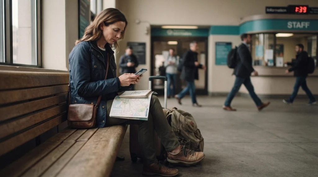 Woman traveling alone checking a route planner and paper transit map at a railway station.