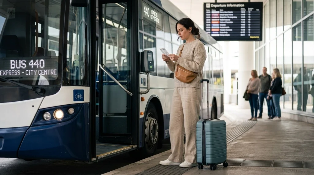 Solo female traveler checking her paper ticket beside a bus entrance before boarding.