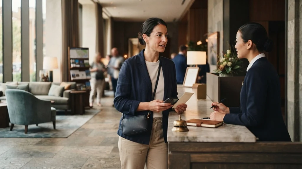 Solo female traveler makes a clear, polite request to a hotel receptionist at check-in.