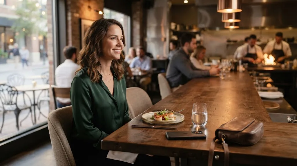 Solo woman dining comfortably at a chef's counter while traveling alone.