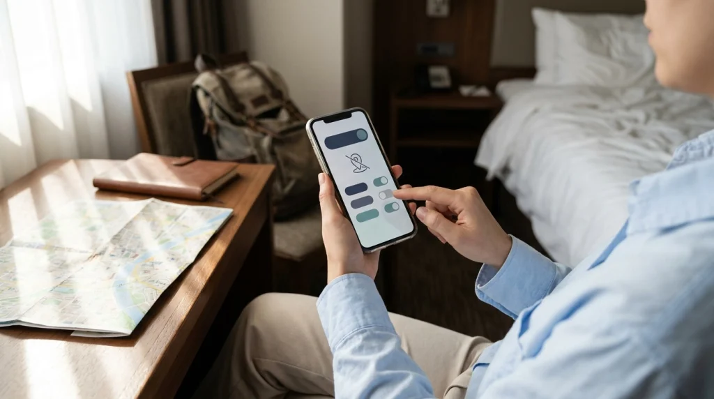Woman reviewing smartphone location permissions to keep her whereabouts private while traveling alone.