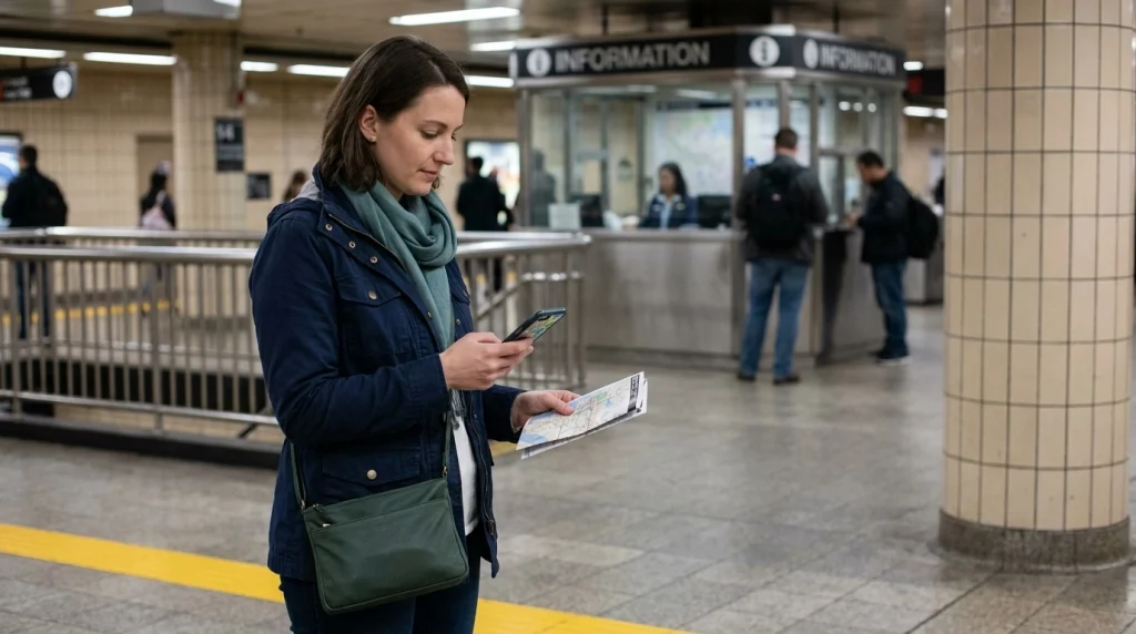 Solo woman checking her phone away from the platform edge near a staffed subway assistance area.