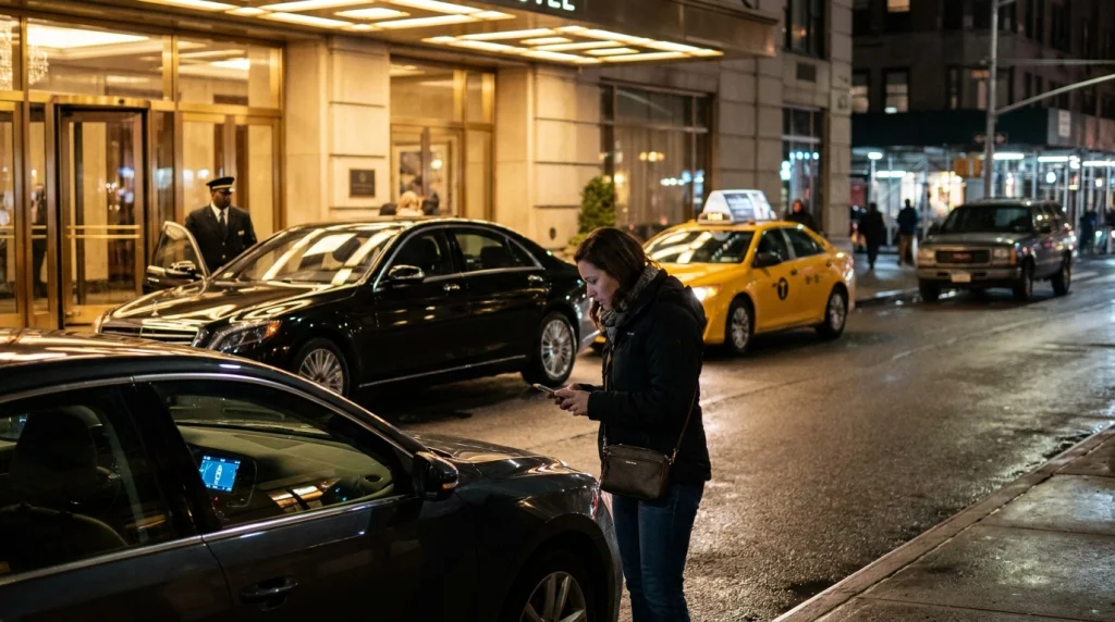 Solo female traveler comparing taxi, rideshare and hotel transfer choices at night
