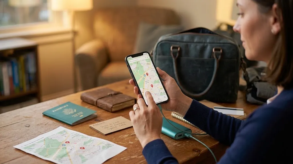 Woman testing offline maps in airplane mode before traveling alone.