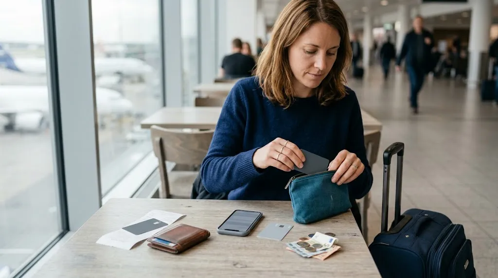 Solo traveler separates a primary card, backup purchase card, and debit card at an airport café