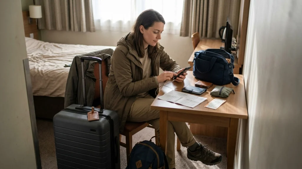 Solo female traveler checking her suitcase, personal bag, phone, and travel documents before leaving for the station.