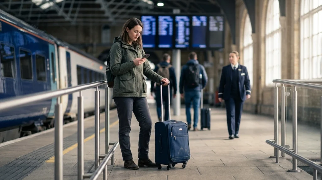 Woman traveling alone checking her train ticket and platform information before boarding.