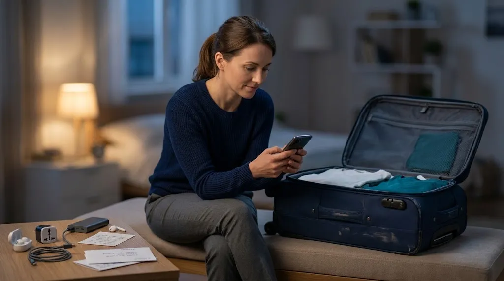 Solo female traveler checking translation apps, power bank, and offline backups before departure