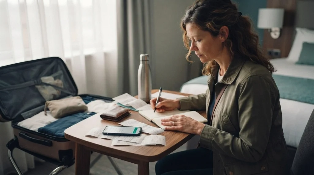Solo female traveler organizing transport receipts and booking details at a hotel desk after a strike.