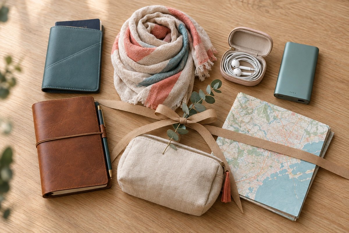 Flat lay of travel gifts for women: passport holder, scarf, earbuds, power bank, travel journal, pouch and map