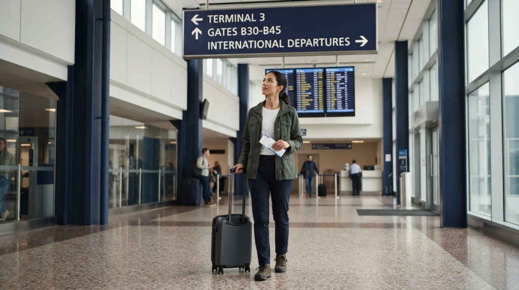 Solo female traveler checking overhead airport signs and a flight information display.