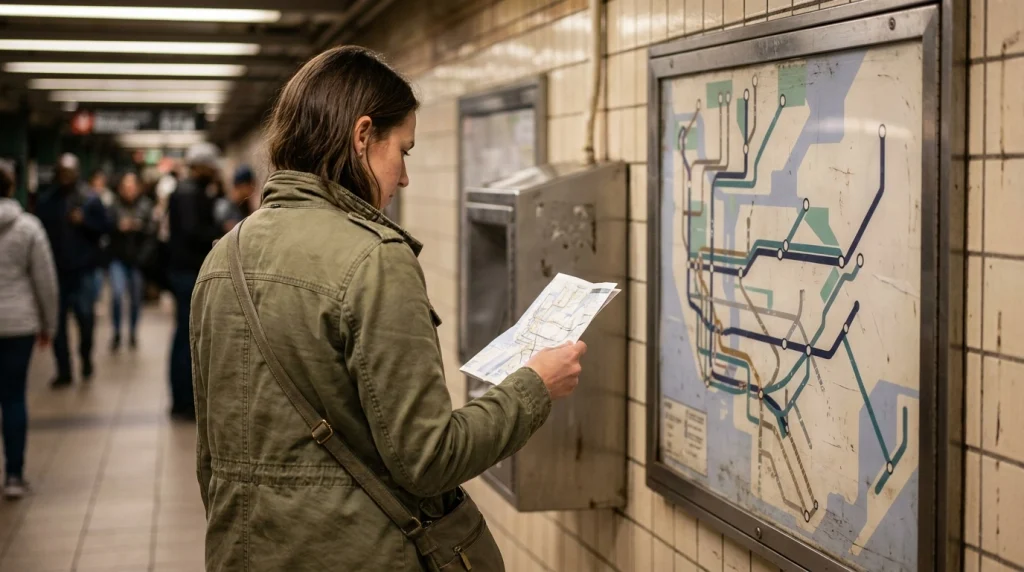 Solo woman examining colored subway lines, station markers, and transfer connections on a transit map.
