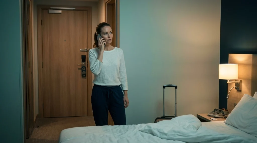Solo female traveler contacting hotel reception by phone while keeping her room door securely locked.