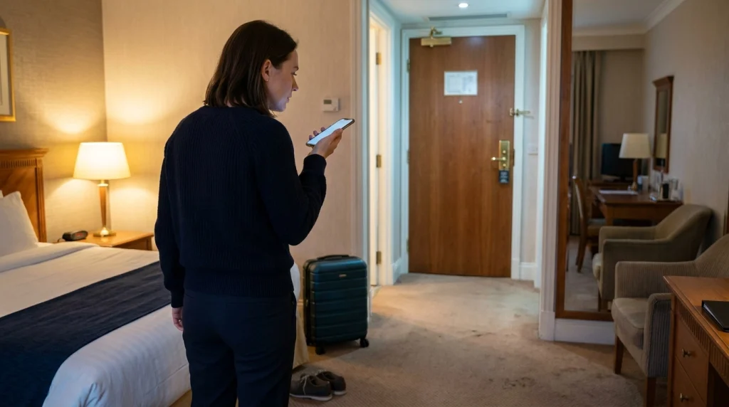Solo woman calls hotel reception while keeping the room door locked after an unexpected knock