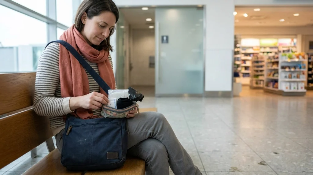 Solo traveler opening an emergency period pouch in an airport before restocking supplies