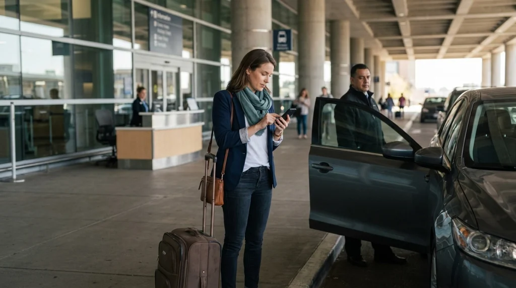 Solo female traveler checking her ride details beside her suitcase at the airport pickup area.