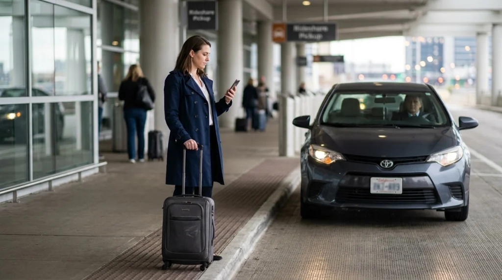 Solo female traveler checking her rideshare driver and vehicle at an airport pickup area.