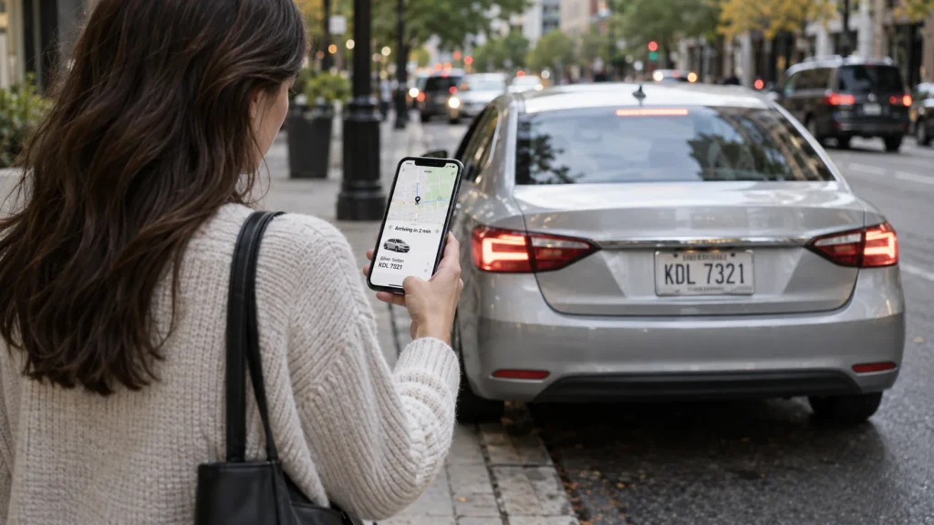 Traveler verifying rideshare vehicle make and license plate from the curb.