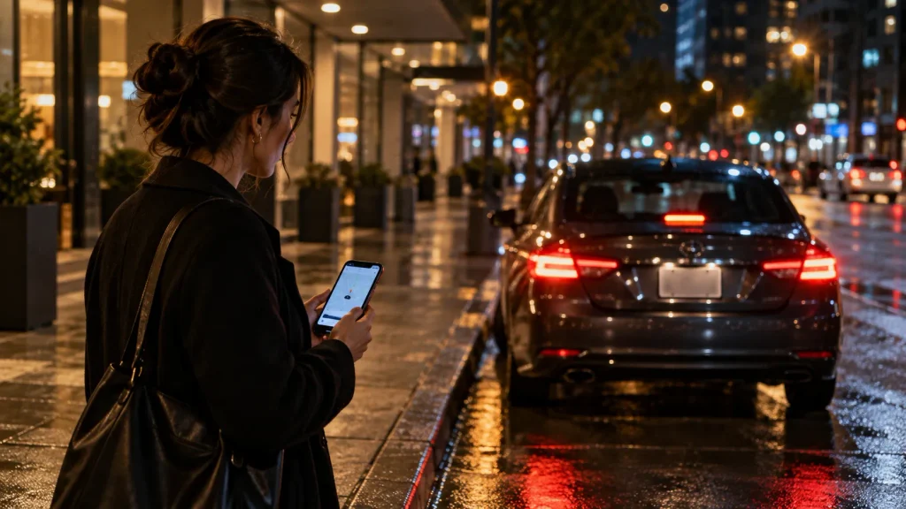 Woman checking smartphone screen to verify vehicle license plate on a city curb.