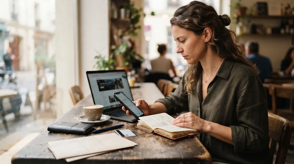 Woman verifying a tour operator before choosing a safe group tour for solo travel.