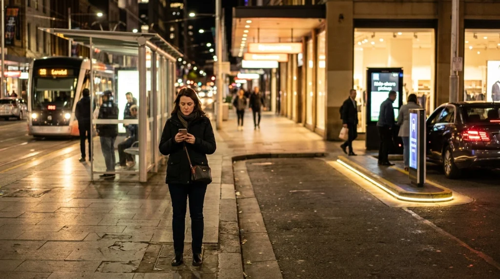 Solo woman comparing walking, transit, and ride options for a safe nighttime hotel return