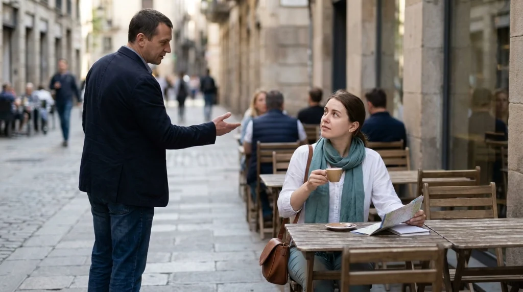 Woman traveling alone considers an unexpected invitation from a stranger at an outdoor restaurant.