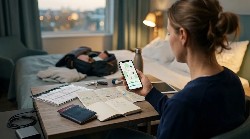 Solo traveler downloading offline maps and travel documents before an international trip
