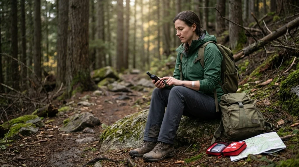 Woman hiking alone uses a satellite emergency device beside her first-aid kit on a remote forest trail.