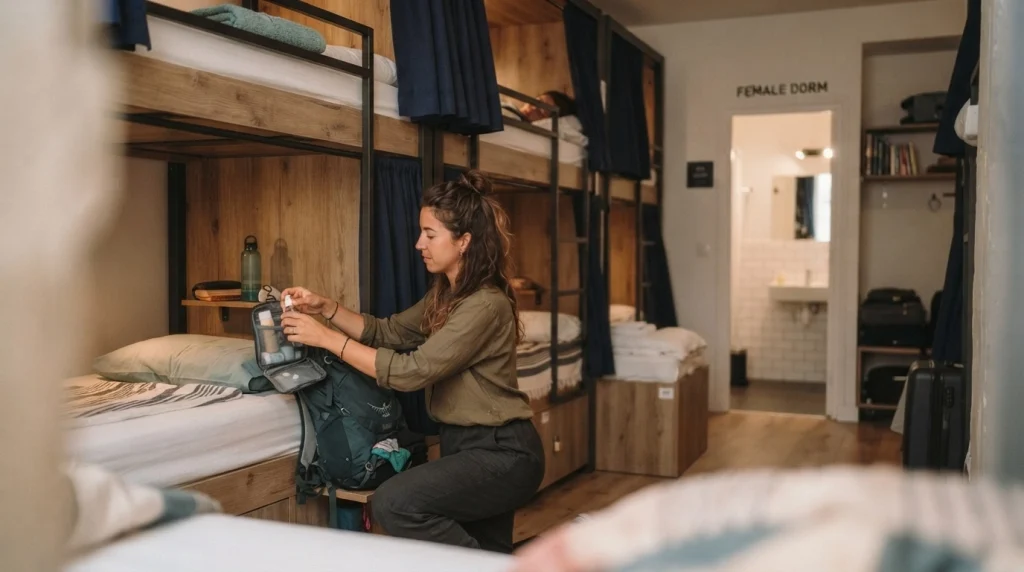 Woman unpacking beside a bunk bed in a female-only hostel dorm with lockers.