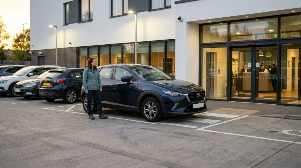 Woman assessing a well-lit hotel parking lot with visible security cameras and a direct pedestrian route.
