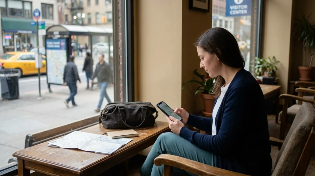 Solo female traveler checking transport options and local safety conditions before leaving her hotel.