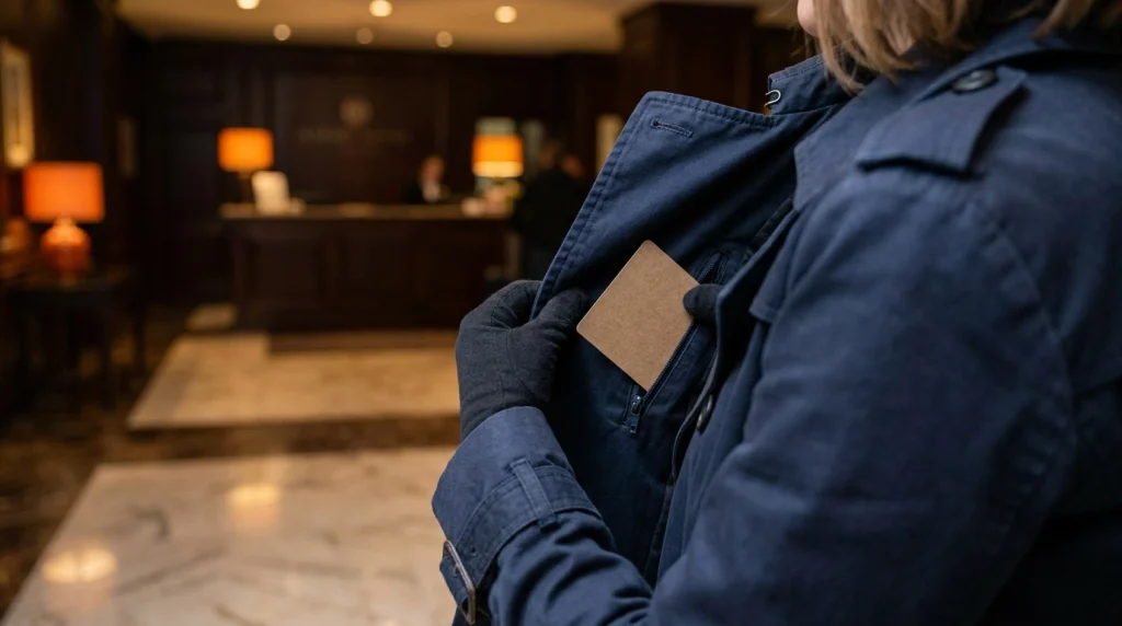 Close up of a female traveler putting her hotel room key safely away in a lobby.