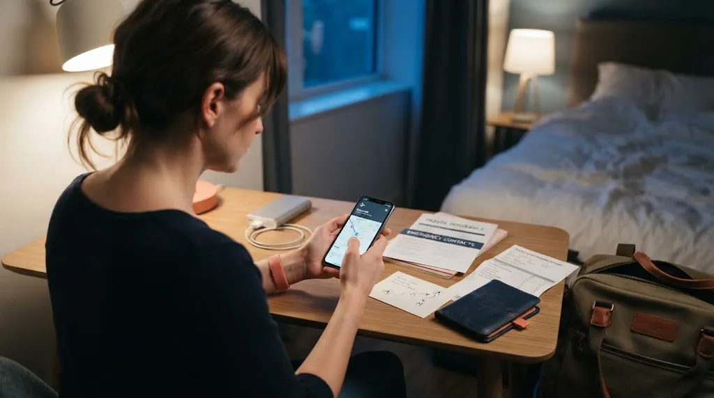 Woman testing offline maps, emergency contacts and power backup before limited-internet solo travel.