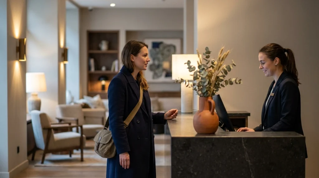 Woman talking with hotel front desk staff to protect accommodation privacy.
