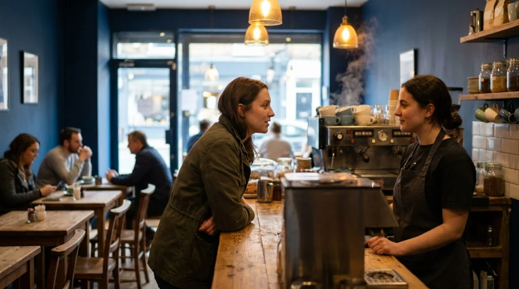 Woman traveler calmly speaking to staff at a counter inside a brightly lit café.