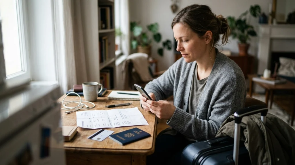 Solo female traveler reviewing travel dates, destination countries, bank app, passport, and payment cards