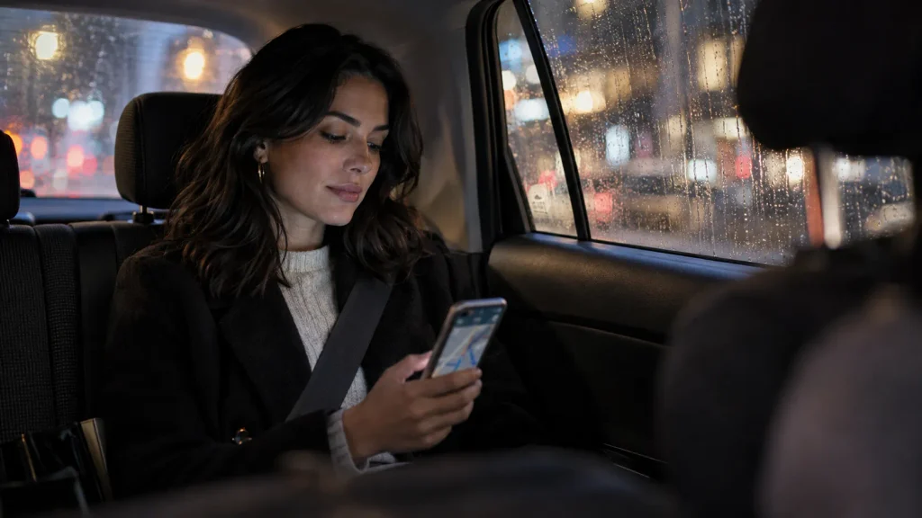 Woman wearing seatbelt in back seat of rideshare tracking route on phone.