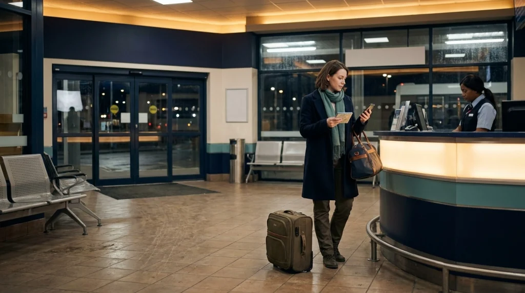 Solo female traveler contacting a trusted person at a staffed bus station after missing the last bus.
