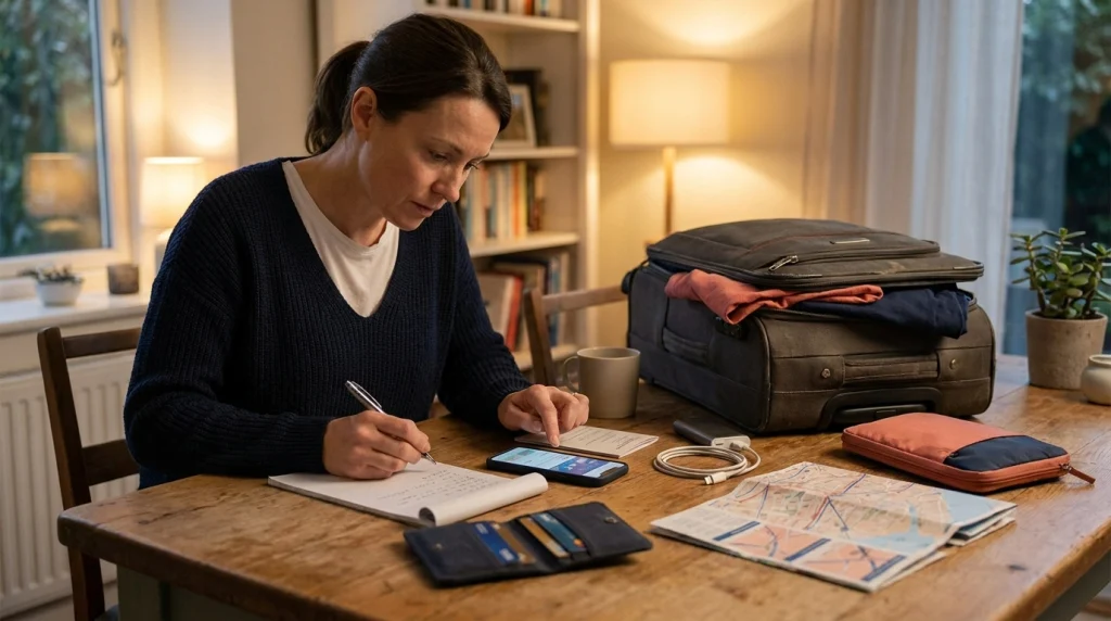 Woman checking flight, documents, luggage, money, phone and arrival plans before flying alone