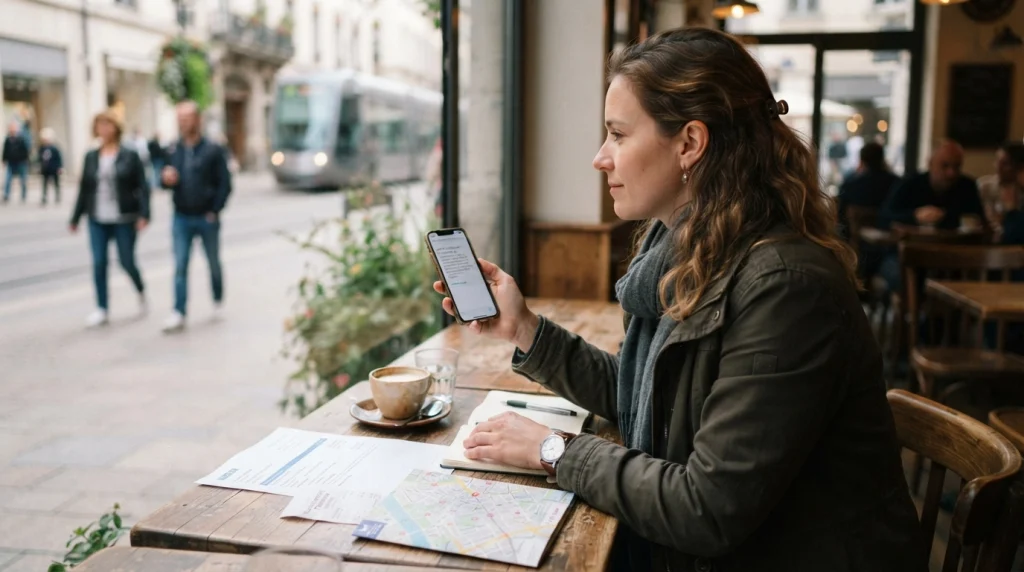 Solo woman calmly checking a canceled activity, refund options, time, location, and backup plans