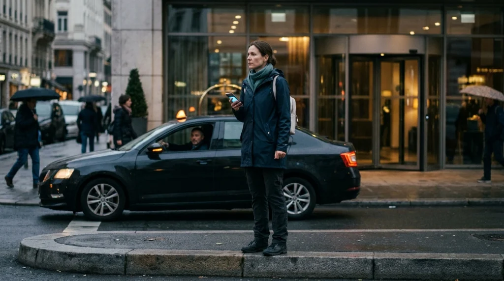 Solo female traveler moving toward a staffed building instead of boarding a rideshare.