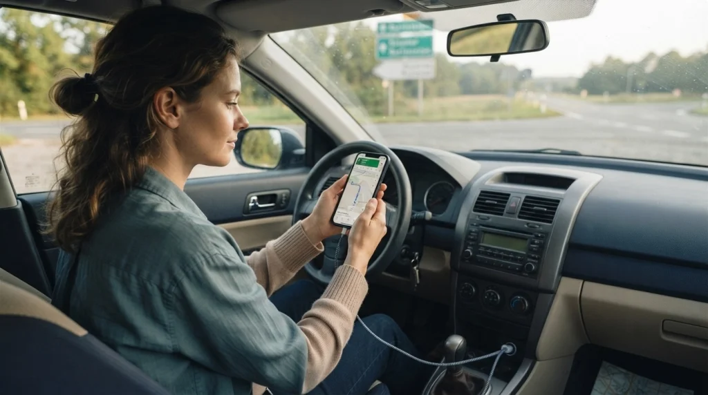 Woman safely parked in her car checking GPS after realizing she is lost while driving alone.