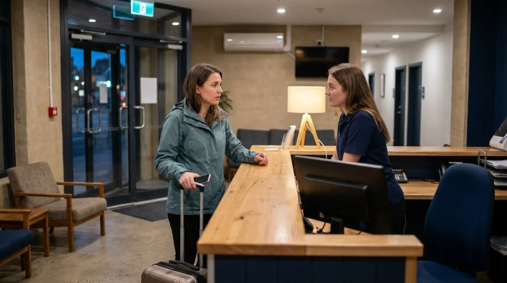 Woman speaking with hostel reception staff about a safety concern while standing beside her travel suitcase.
