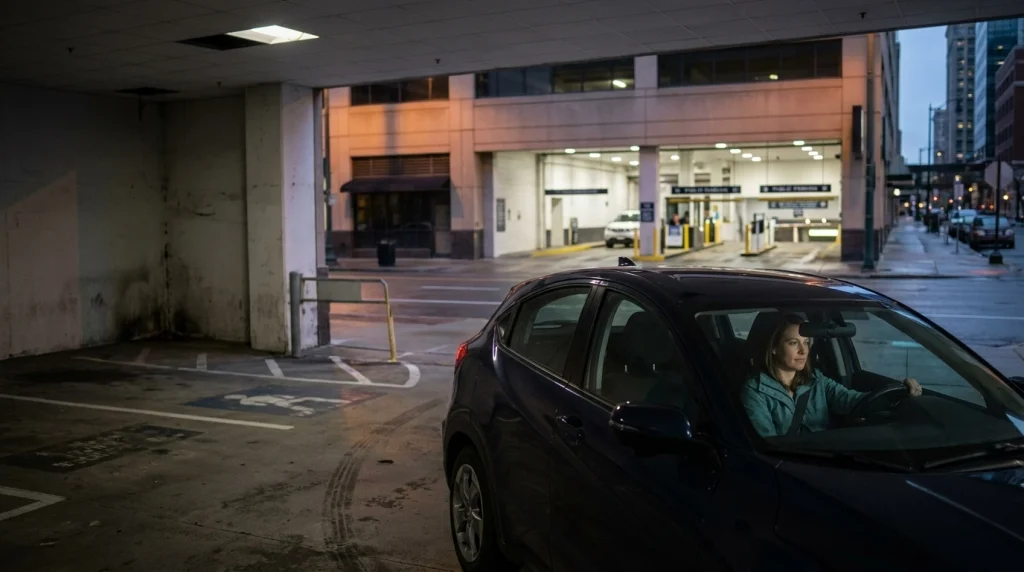 Solo female driver assessing a poorly lit parking area before choosing a better-maintained alternative.