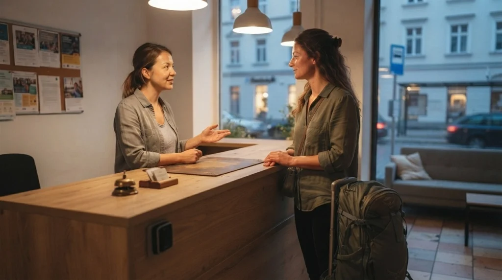 Solo female traveler asking hostel reception staff for assistance with an accommodation concern.