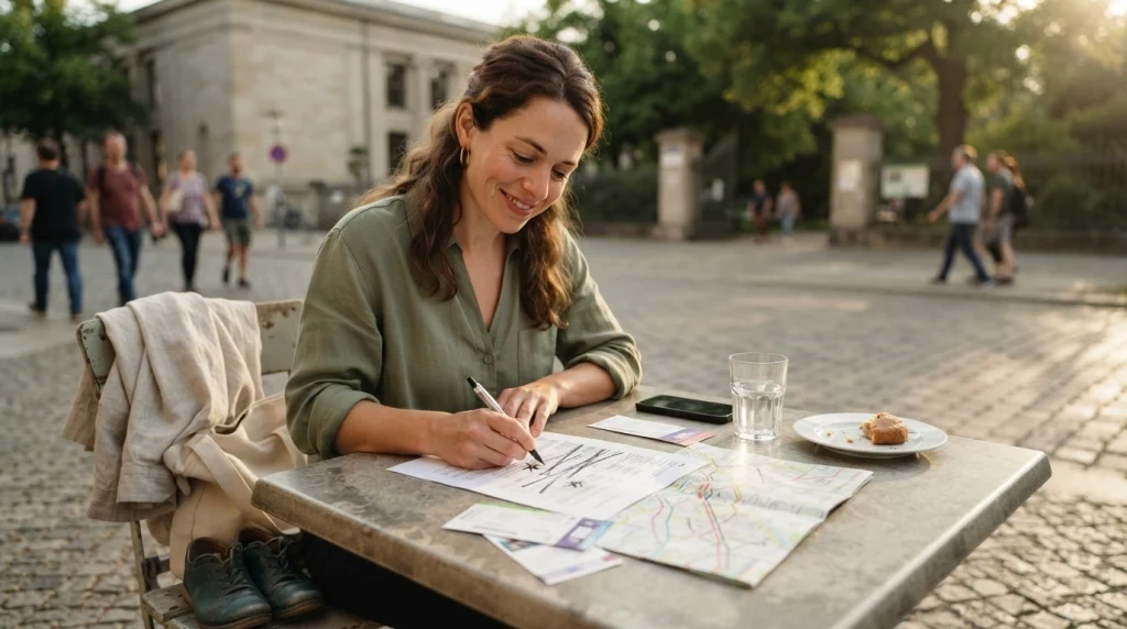 Solo female traveler removing optional activities from an overplanned itinerary at a café